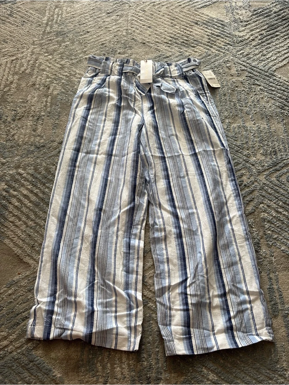 Men's Blue and White Striped Linen-Blend Pants